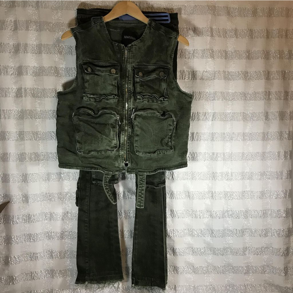 Men's Pheelings Jeans & Vest Multi Pocket Cargo Denim 28” Small Olive Green Fit